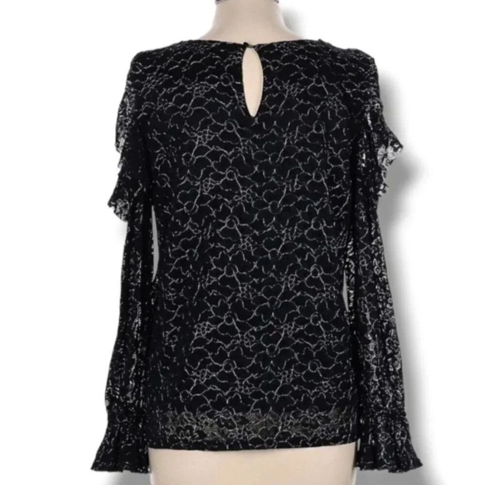 CAROLINA BELLE Women’s Black Lace Long Sleeve Blouse Size M Metallic Floral Shee - Picture 2 of 6